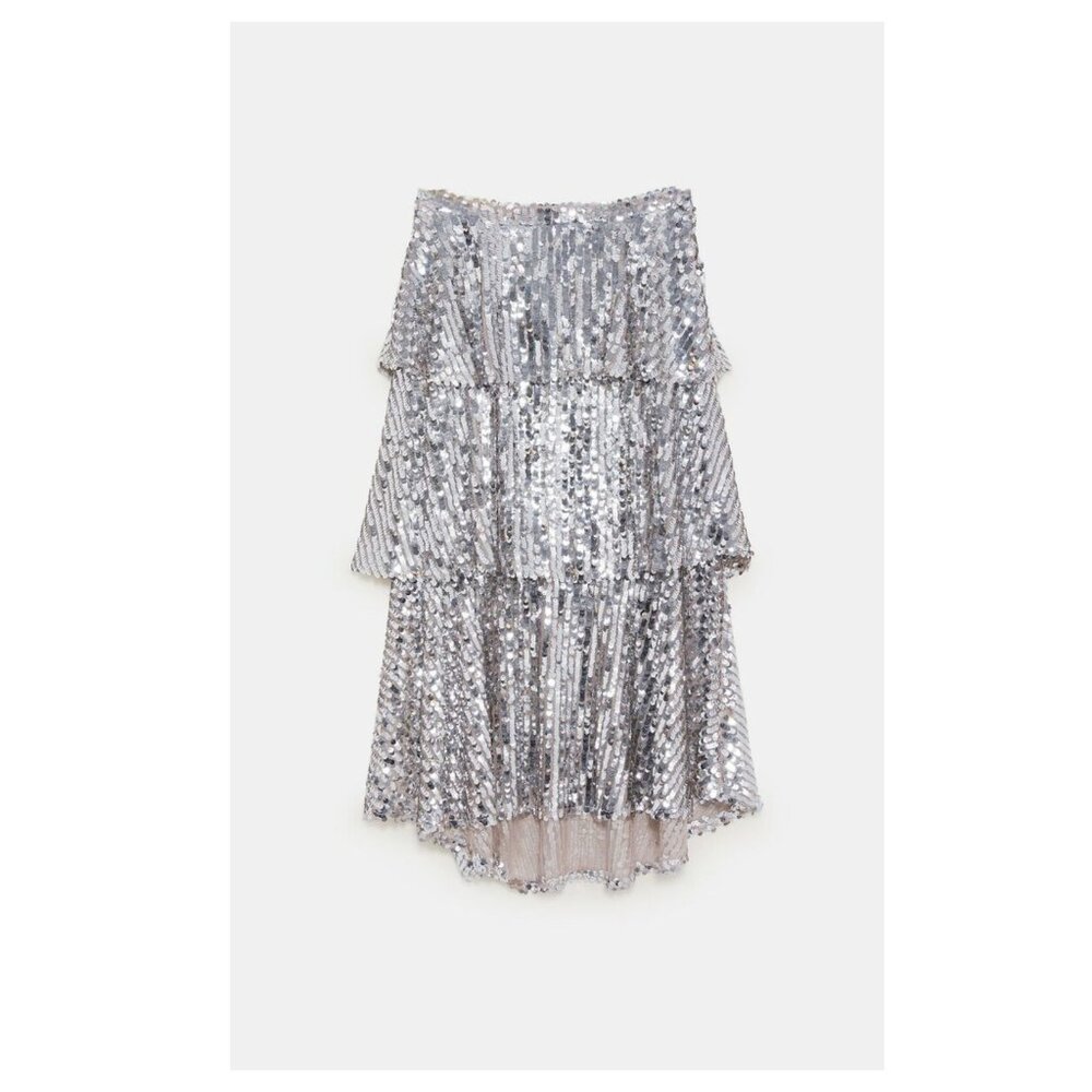 ZARA High Waisted Silver Sequin Ruffle Skirt - Picture 2 of 11